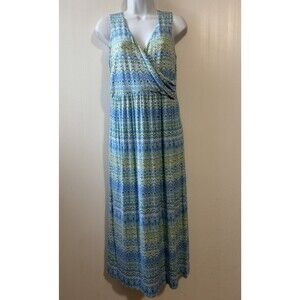 J Jill Aegean Island Maxi Dress Surplice Neck Sleeveless Blue Ikat Coastal XSP